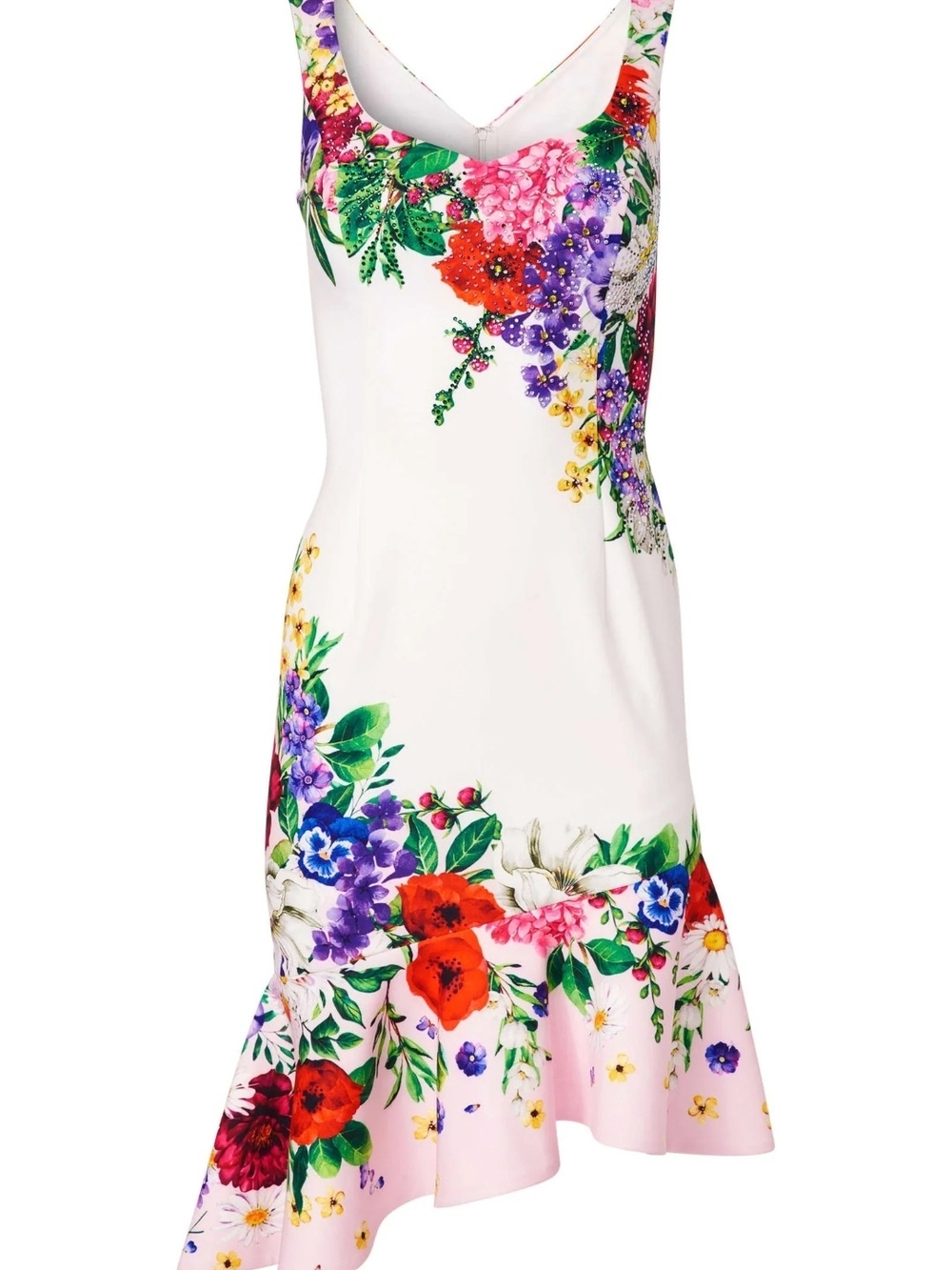 Venus Floral V-Neck Midi Dress in White with Multicolor Blooms